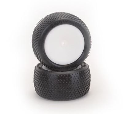 Schumacher Mini Pin 1 Rear Buggy Tyres Pre Glued on White Rims - Yellow - 1 Pair