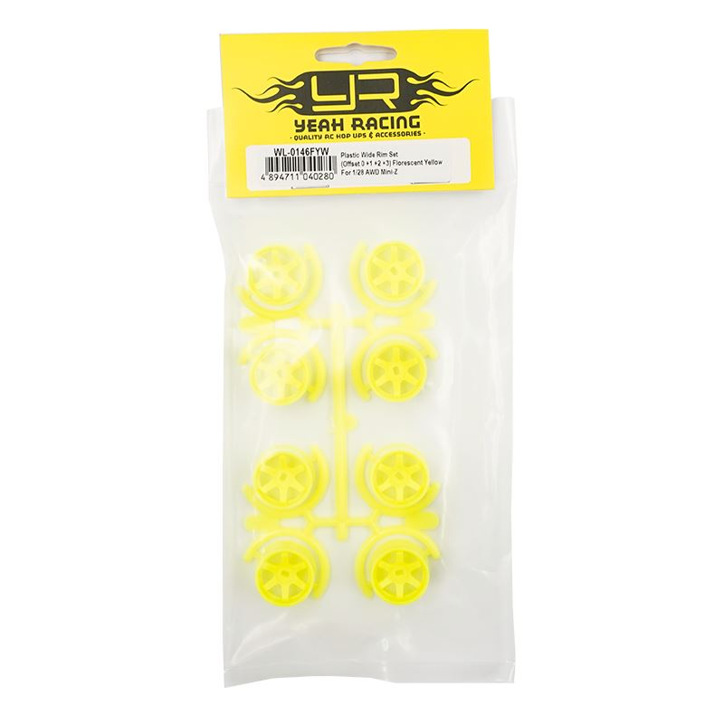 Yeah Racing Plastic Wide Rim Set 11mm (Offset 0 +1 +2 +3) Florescent Yellow For 1/28 AWD Mini-Z