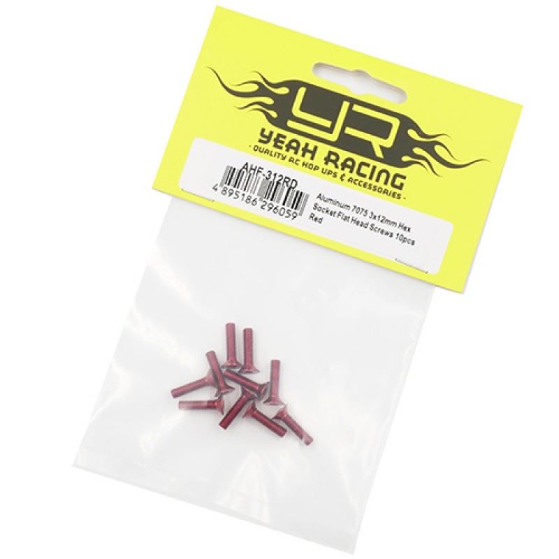 Yeah Racing Aluminum 7075 3x12mm Hex Socket Flat Head Screws 10pcs Red