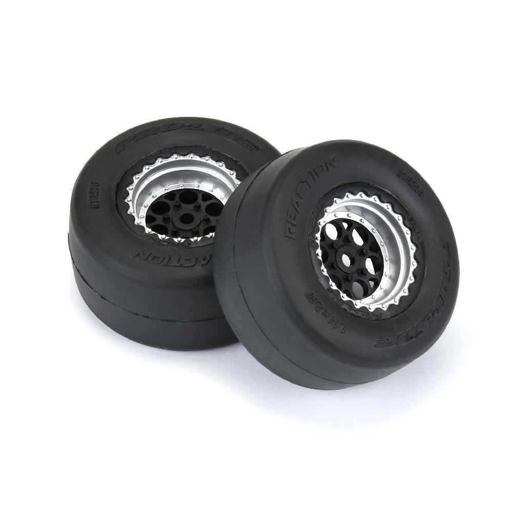 Proline 1/16 Reaction Rear Tires Mtd 8mm Black/Silver (2): Losi Mini