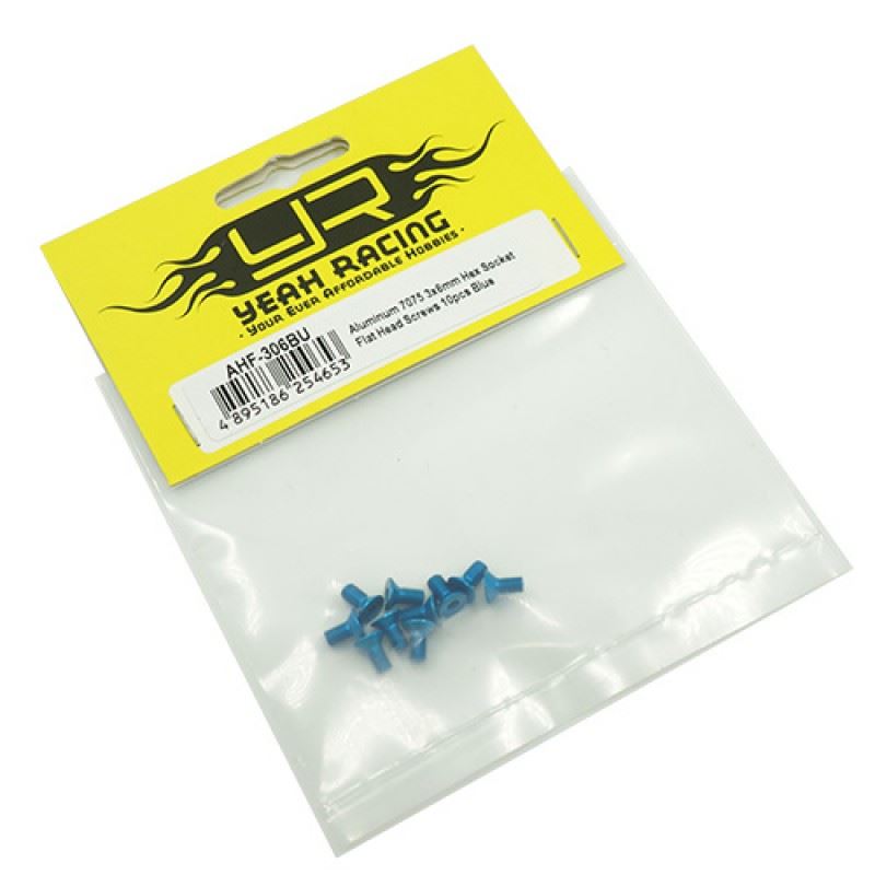 Yeah Racing Aluminum 7075 3x6mm Hex Socket Flat Head Screws 10pcs Blue