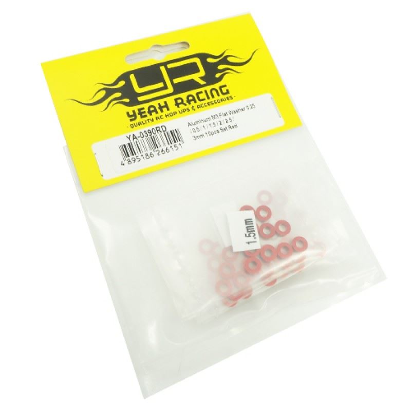 Yeah Racing Aluminum M3 Flat Washer 0.25 / 0.5 / 1 / 1.5 / 2 / 2.5 / 3mm 10pcs Set Red