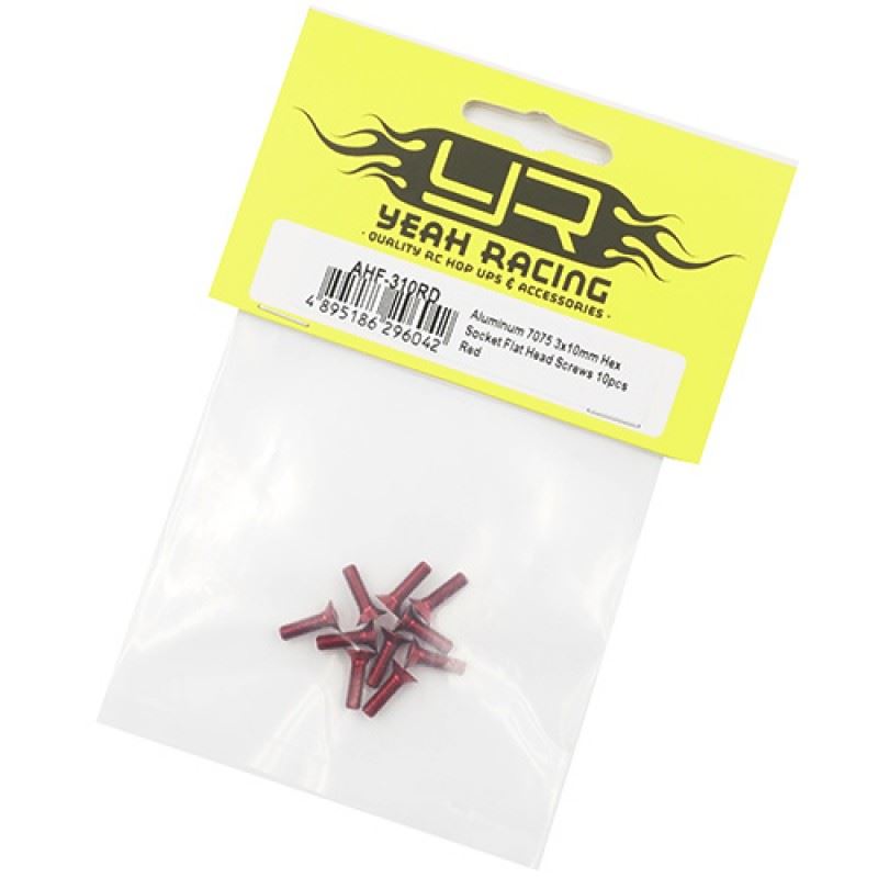 Yeah Racing Aluminum 7075 3x10mm Hex Socket Flat Head Screws 10pcs Red