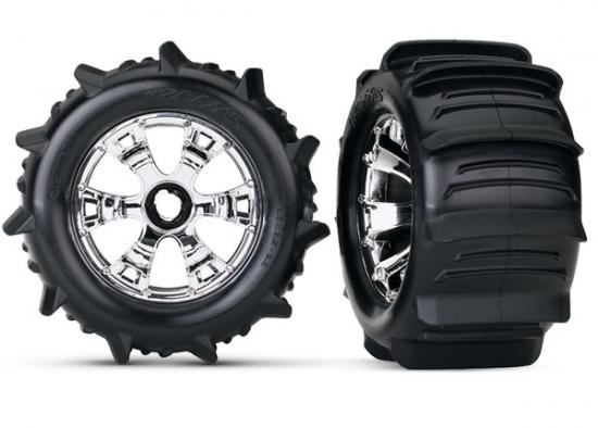 TRAXXAS Tires & wheels, (Geode chrome, paddle tires, w/foam) use w/1