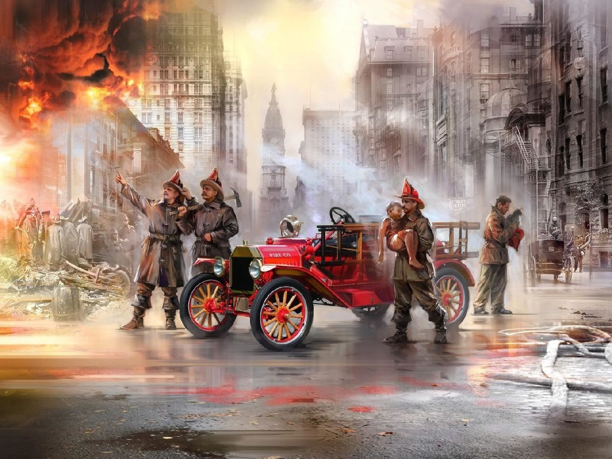Icm Model T 1914 Fire Truck With 4 Crew Figures, Boy & Cat