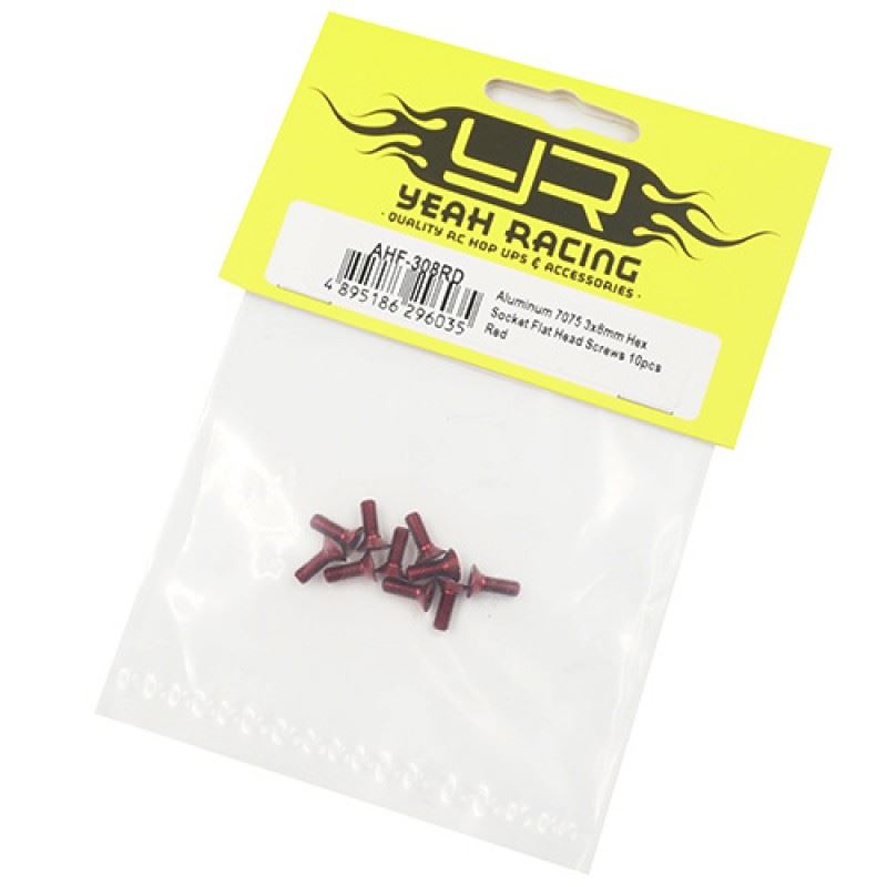 Yeah Racing Aluminum 7075 3x8mm Hex Socket Flat Head Screws 10pcs Red