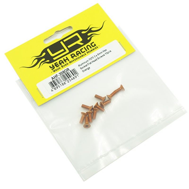 Yeah Racing Aluminum 7075 3x8mm Hex Socket Flat Head Screws 10pcs Orange