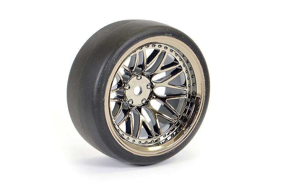 FASTRAX 1/10 (4) DRIFT D1 TYRE w/9MM 20-SPOKE WHEEL-BK CHROME