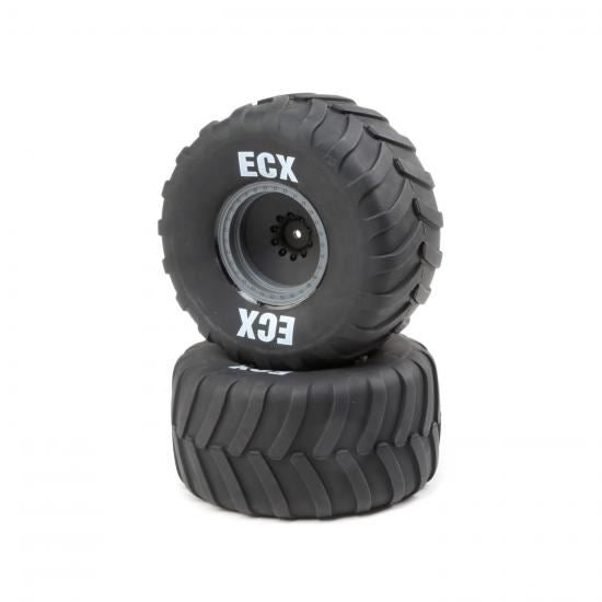 ECX Rt/Lft Tire - Prmnt - Gray Whl (2): 1:10 2WD Axe MT