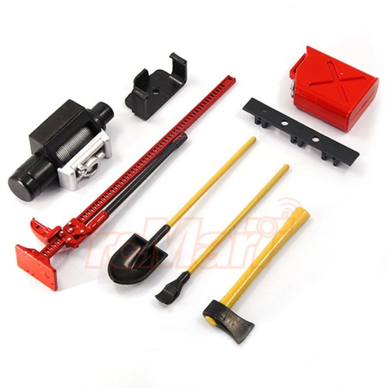 Yeah Racing 1/10 RC Rock Crawler Accessory Tool Set Axes Digging Shovel Oil Tank High Jack Winch Pry Bar (Red)