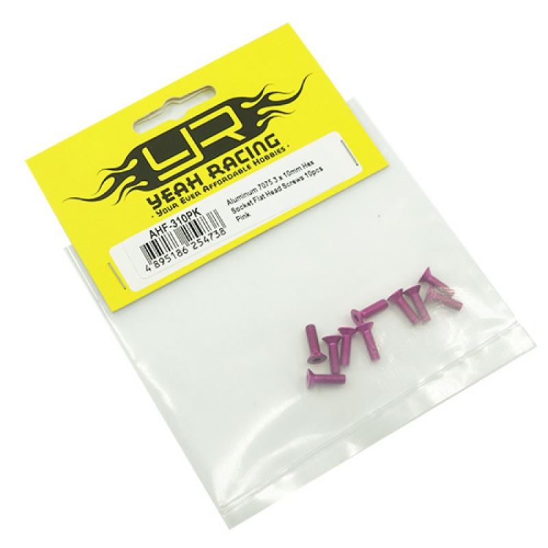 Yeah Racing Aluminum 7075 3x10mm Hex Socket Flat Head Screws 10pcs Pink