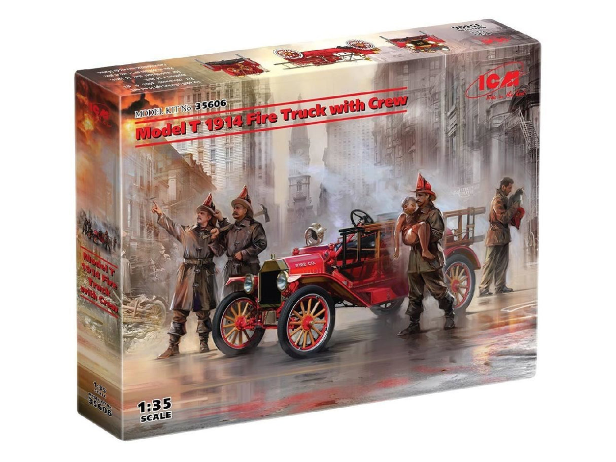 Icm Model T 1914 Fire Truck With 4 Crew Figures, Boy & Cat