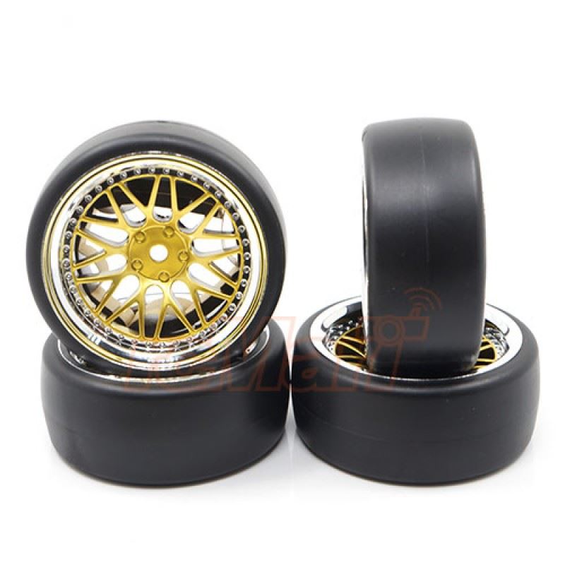 Yeah Racing Spec D LS Wheel Offset +6 Gold Silver w/Tire 4pcs For 1/10 Drift