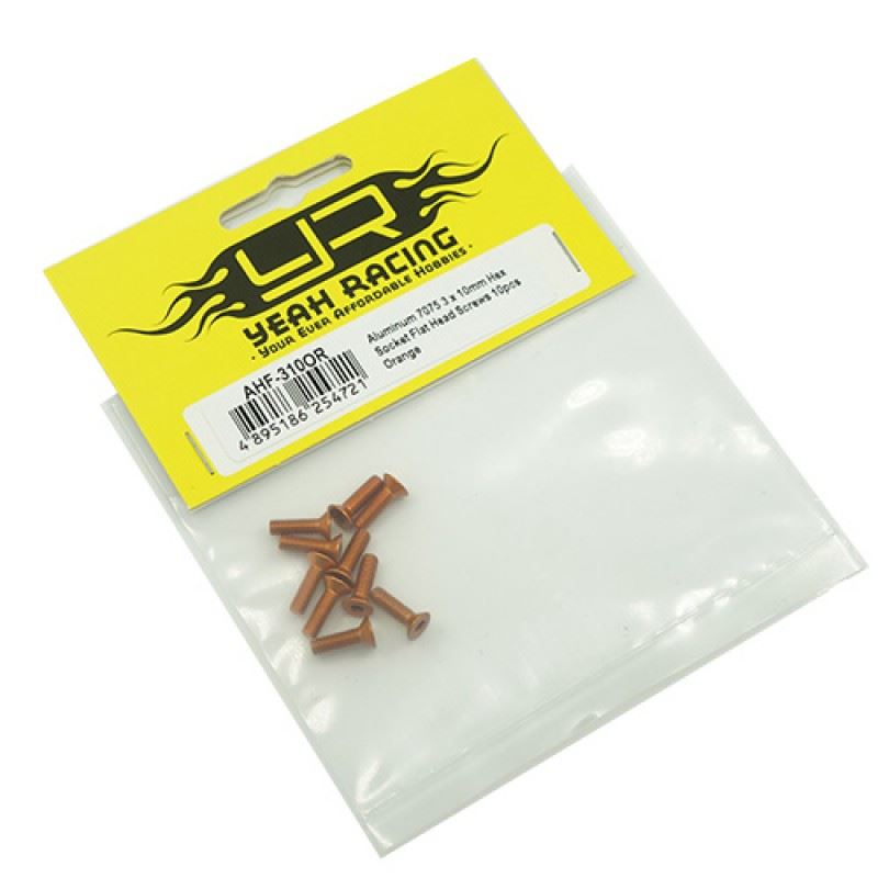 Yeah Racing Aluminum 7075 3x10mm Hex Socket Flat Head Screws 10pcs Orange