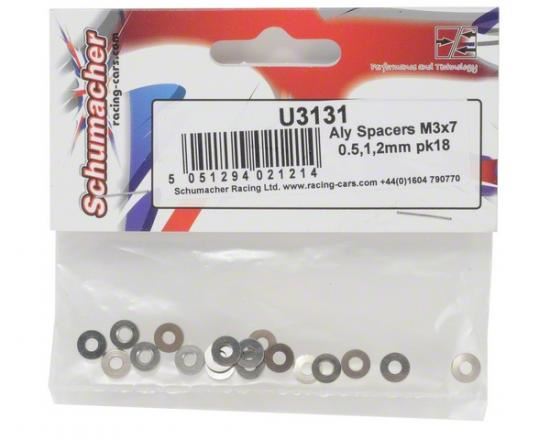 Schumacher Alloy Spacers M3x7mm 0.5;1;2mm (pk18)