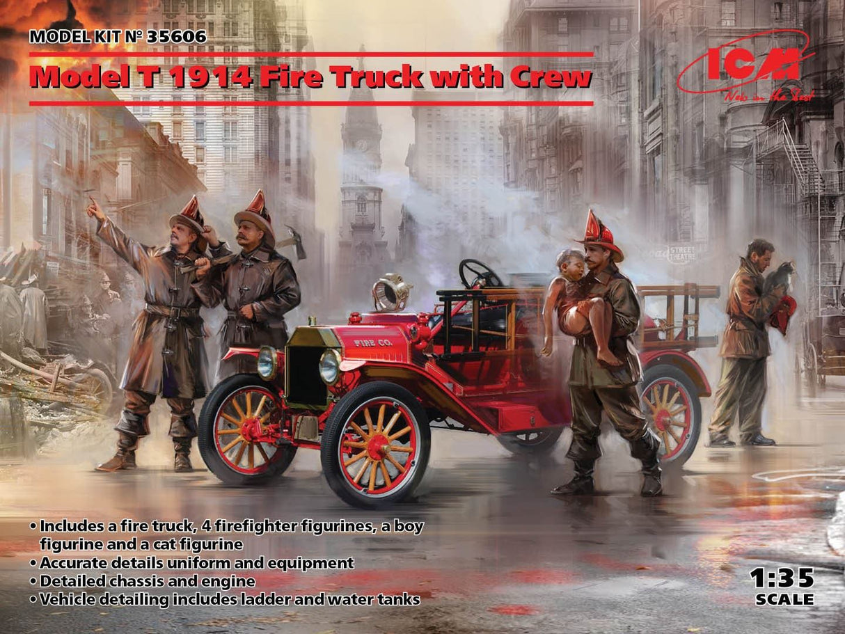 Icm Model T 1914 Fire Truck With 4 Crew Figures, Boy & Cat