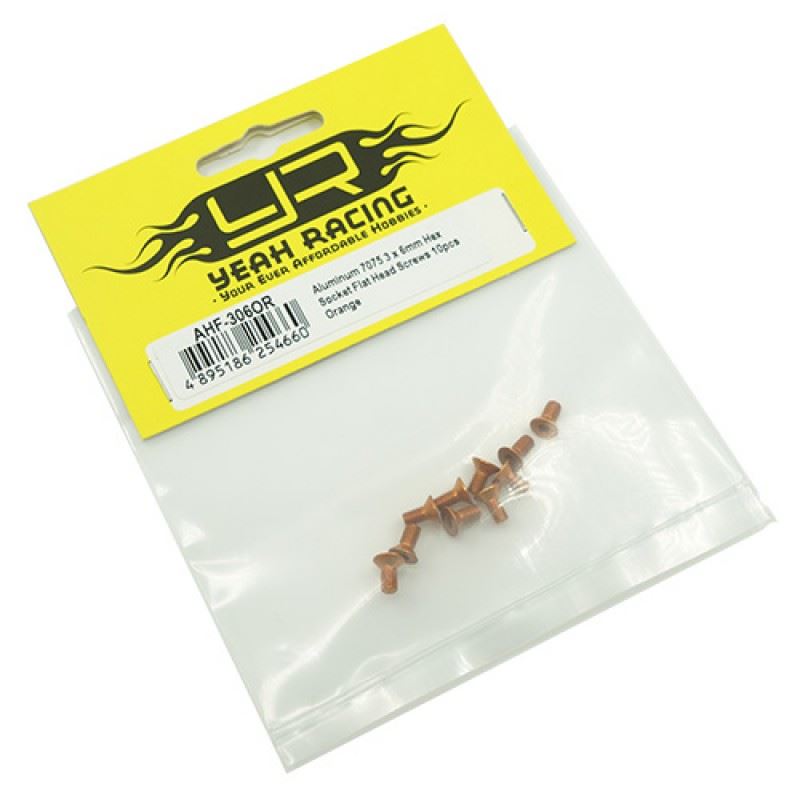 Yeah Racing Aluminum 7075 3x6mm Hex Socket Flat Head Screws 10pcs Orange