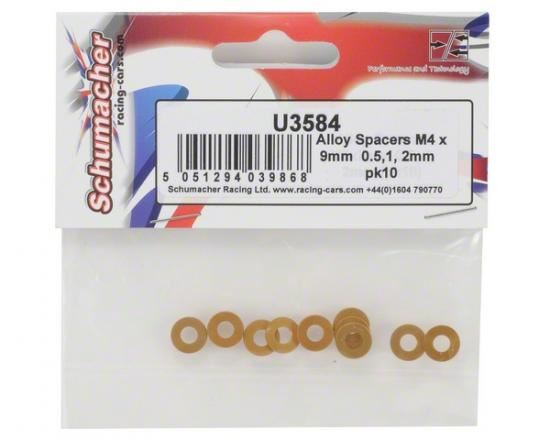Schumacher Alloy Spacers M4x9mm 0.5;1;2mm (pk10)