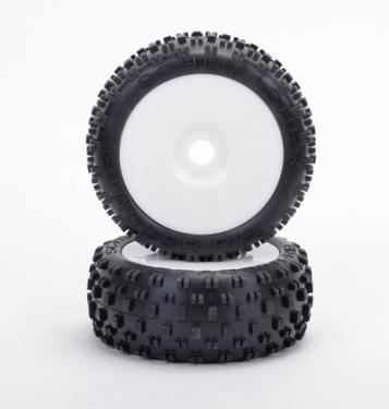 Schumacher Stagger Rib 1:8 Buggy Tyres - Yellow - Pre Glued on White Wheels - 1 Pair
