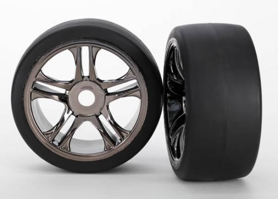 TRAXXAS Tires & wheels FR -split-spoke, black chrome, slick tires (S