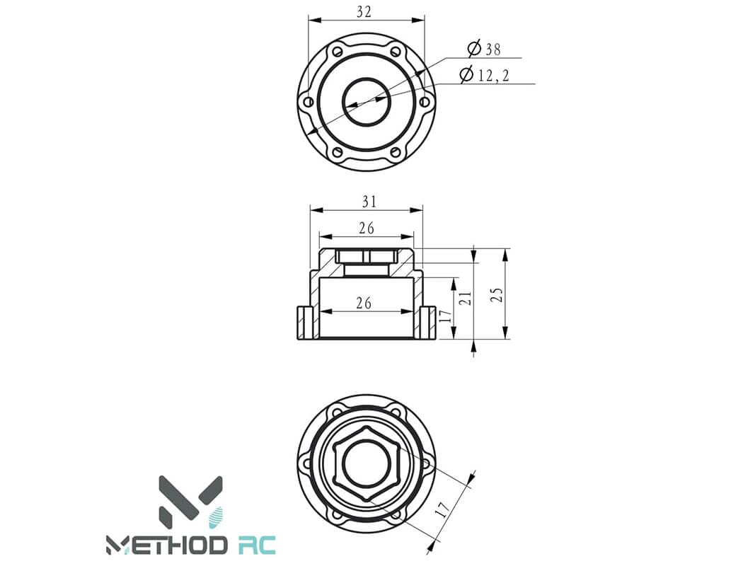METHOD 6x32/21MM OFFSET 17MM ALUMINIUM HEX ADAPTOR (PR)