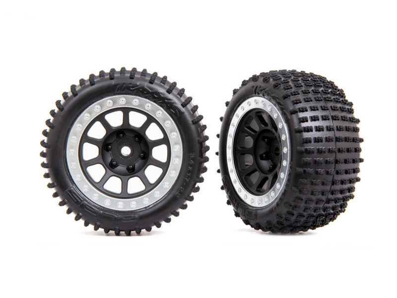 Traxxas Tyres and Wheels, Assembled (2.2in Graphite Grey, Satin Chrome Beadlock Wheels, Alias 2.2in Tyres) (2) (Bandit Rear)