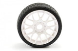 SWEEP 1/8TH EXP GT TREAD GLUED 45DEG TYRES W/BELT / EVO16 WHITE WHEELS / HIGH (PR)