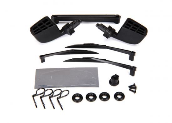 Traxxas Mirrors side black (left right)/ o-rings (4)/ windshield wipers left right rear/ wiper retainers (2)/ body clips (4)/ 1.6x5 BCS (self-tapping) (3)