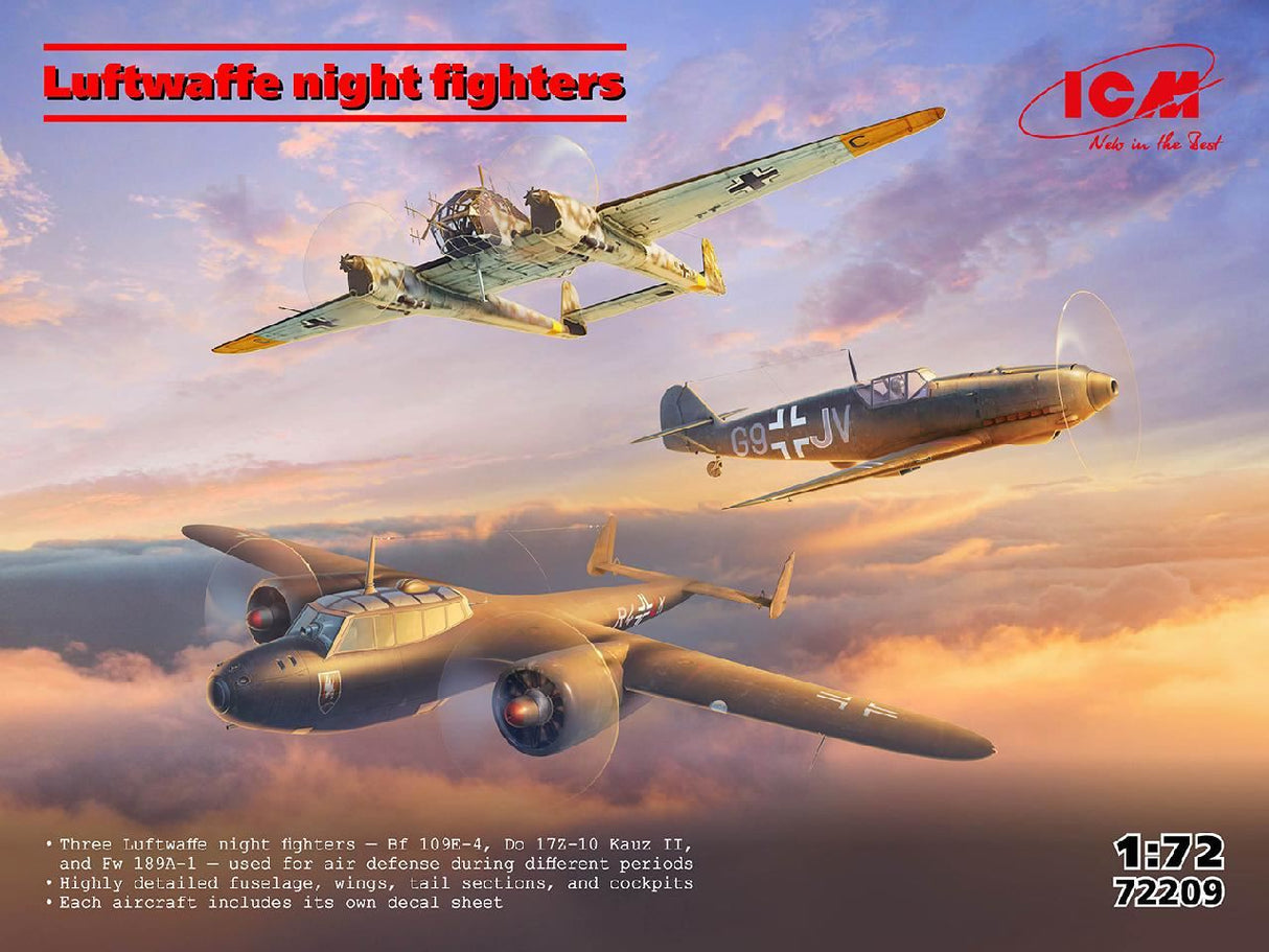 Icm Set Of 3 Luftwaffe Night Fighters (Bf 109E-4, Do 172-10 Kauz Ii, Fw 189A-1)