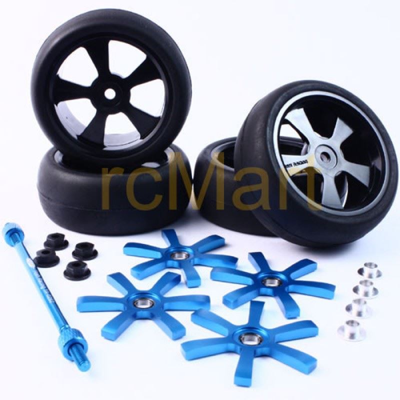 Yeah Racing Aluminum Stylish Spinning Rims (4pcs) BU 6-Spoke Tire Set w/Free Tire Holder for 1:10 Touring Cars
