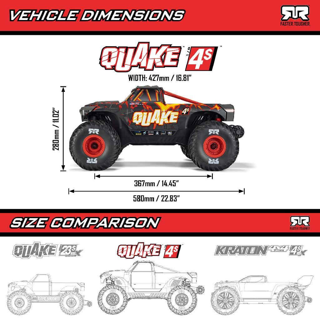Arrma 1/8 Quake 4S Dsc 4X4 Rtr Monter Truck, Le Black/Pearl