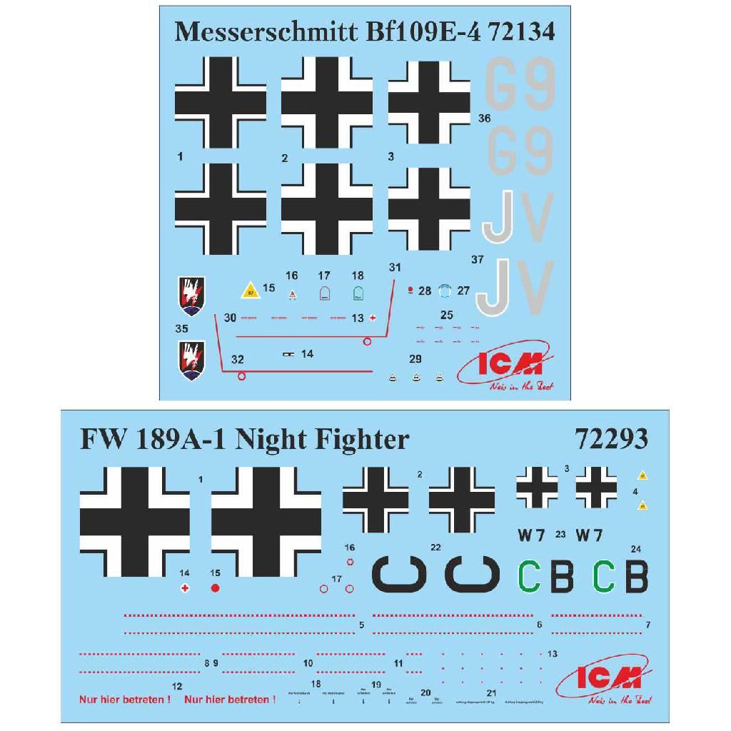 Icm Set Of 3 Luftwaffe Night Fighters (Bf 109E-4, Do 172-10 Kauz Ii, Fw 189A-1)