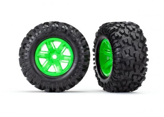 Traxxas Tires wheels assembled glued (X-Maxx green wheels Maxx AT tires foam inserts) (left right) (2)