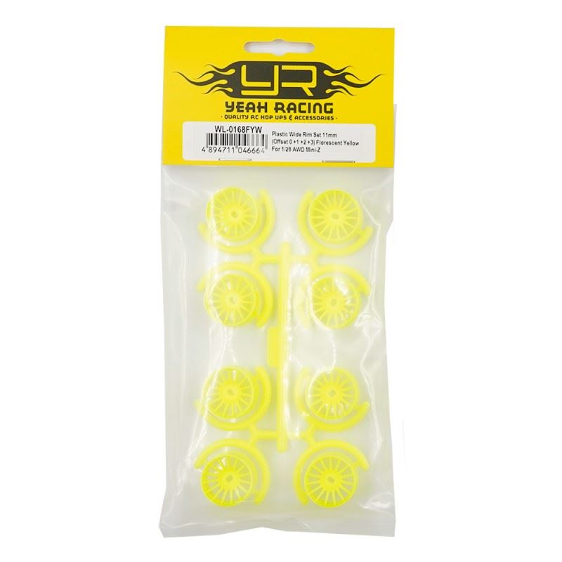 Yeah Racing Plastic Wide Rim Set 11mm (Offset 0 +1 +2 +3) Florescent Yellow For 1/28 AWD Mini-Z