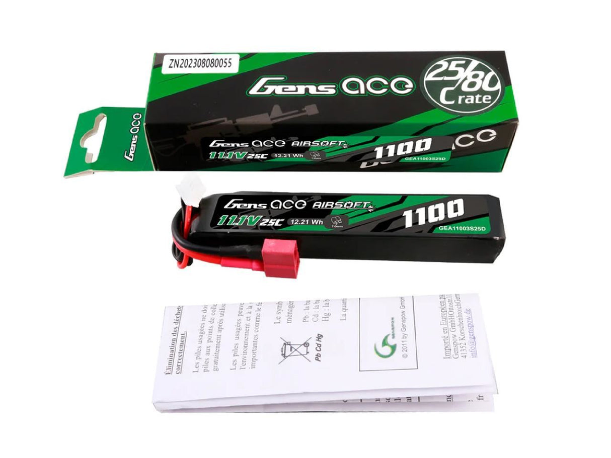 Gens Ace Airsoft 3S 1100Mah 25C With Deans (Fit Most Aeg)
