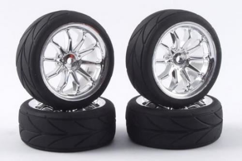 Fastrax 1/10th Touring Wheel/ Treaded Tyres 10-Spoke Chrome