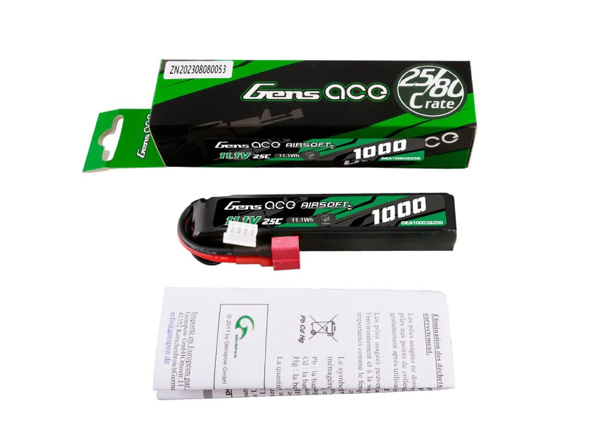 Gens Ace Airsoft 3S 1000Mah 25C With Deans (Fit Most Aeg)