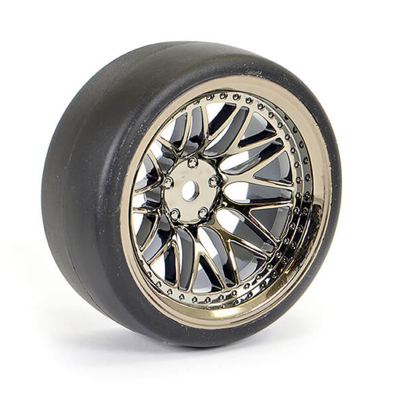 FASTRAX 1/10 (4) DRIFT D1 TYRE w/9MM 20-SPOKE WHEEL-BK CHROME