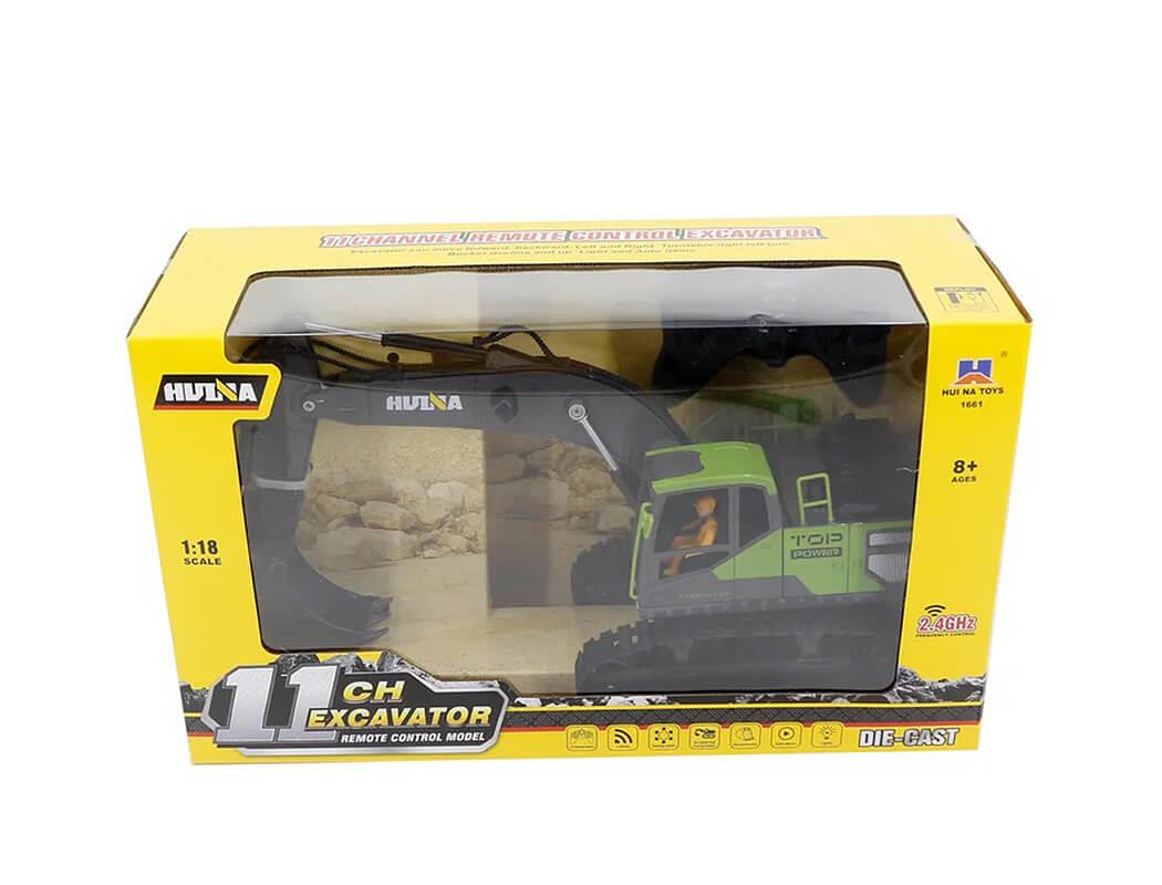 Huina 2.4G 11Ch Rc Excavator Green 680° Turntable W/Smoke