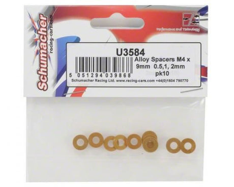 Schumacher Alloy Spacers M4x9mm 0.5;1;2mm (pk10)